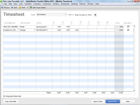 Използвайте седмичен график за таксуване на време в QuickBooks 2013