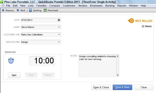 Time Single Activity for Time for Time in QuickBooks 2013