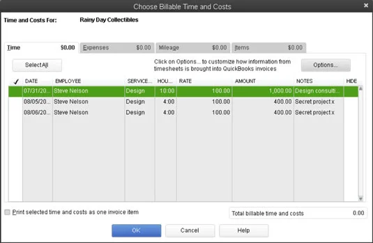 Számlázható idő szerepeltetése a QuickBooks 2013 számláján