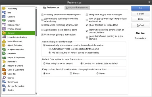 A QuickBooks 2013 Beállítások beállításai elérése