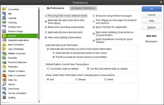 A QuickBooks 2013 általános preferenciáinak beállítása