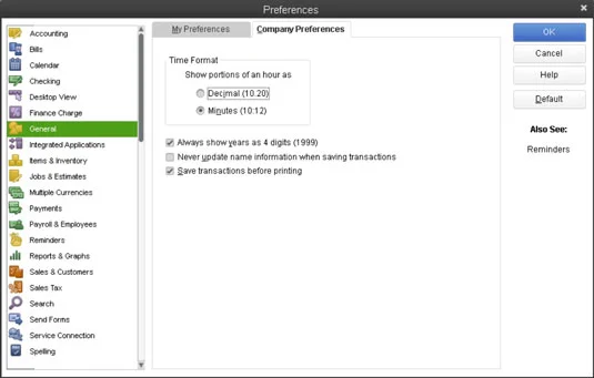 A QuickBooks 2013 általános preferenciáinak beállítása