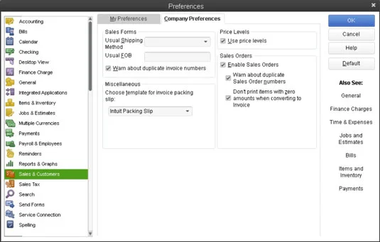 Задайте предпочитания за продажби и клиенти в QuickBooks 2013