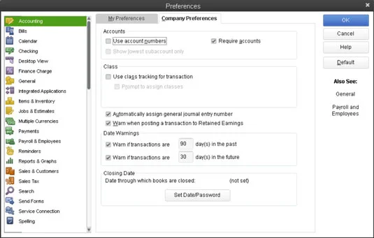 Как да зададете счетоводни предпочитания на QuickBooks 2013