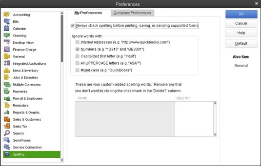 Helyesírás-ellenőrzés vezérlése a QuickBooks 2013-ban