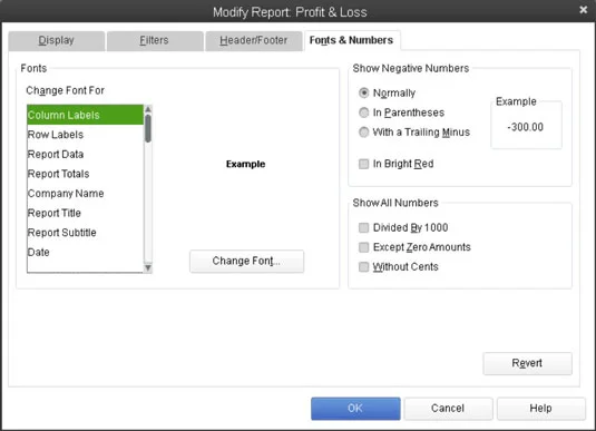 Használja a Fonts & Numbers lapot a QuickBooks 2013 jelentések módosításához