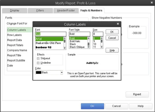 Használja a Fonts & Numbers lapot a QuickBooks 2013 jelentések módosításához