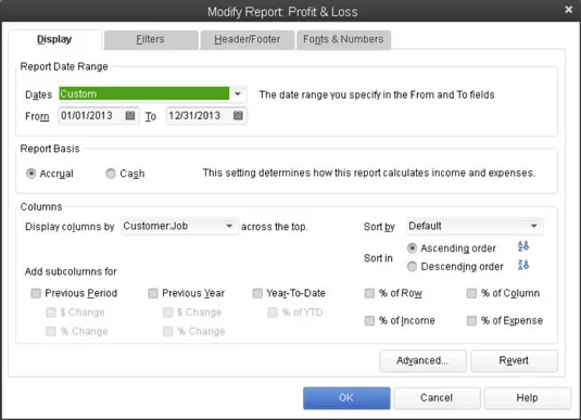 Használja a Megjelenítés lapot a QuickBooks 2013 jelentések módosításához