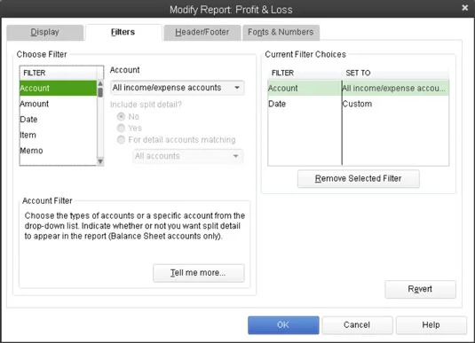 A QuickBooks 2013 jelentések módosításához használja a Szűrők lapot