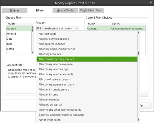 A QuickBooks 2013 jelentések módosításához használja a Szűrők lapot