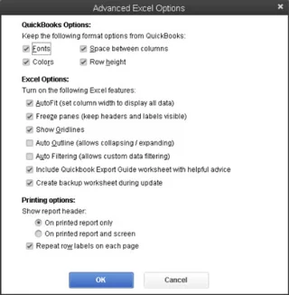 QuickBooks 2013 jelentésablak gombjai