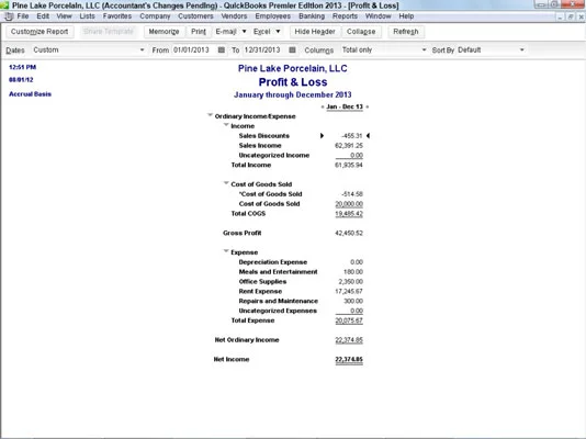 A QuickBooks 2013 jelentésablak dobozai