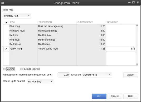 QuickBooks 2013 tételár-módosítási parancs