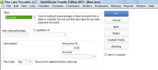 Kedvezményes tétel hozzáadása a QuickBooks 2013 cikklistájához