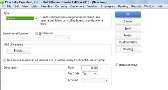 Elemek hozzáadása a tétellistához a QuickBooks 2013-ban
