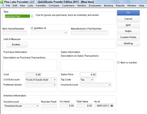 Leltárrész hozzáadása a QuickBooks 2013 cikklistájához