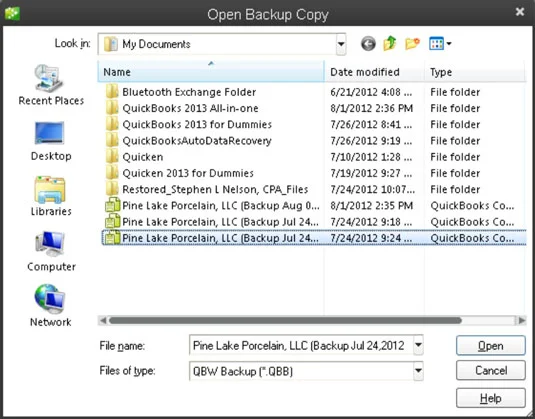 QuickBooks 2013 adatfájl visszaállítása