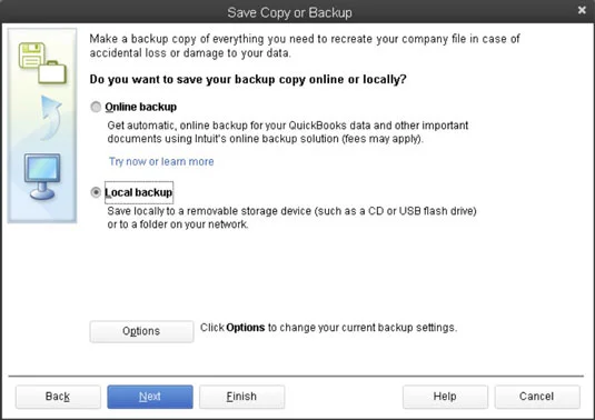 A QuickBooks 2013 online biztonsági másolatai
