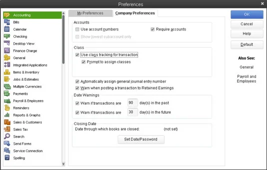 Az osztálykövetés bekapcsolása a QuickBooks 2013-ban