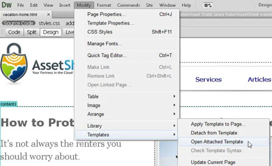 Slik åpner du en Dreamweaver-mal fra en hvilken som helst side opprettet fra en mal