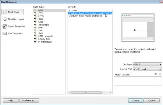 Hvordan lage en ny side med en CSS-layout i Dreamweaver