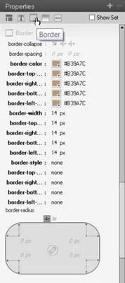 Alternativer for kantpanel i Dreamweavers CSS-egenskapspanel