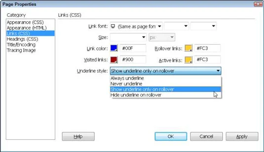 Hvordan endre koblingsstiler med sideegenskaper i Dreamweaver