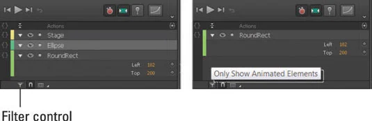 Detaljer om Edge Animate-tidslinjen og scenekontrollene