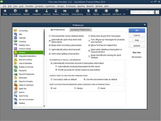 A QuickBooks 2014 Beállítások beállításai elérése