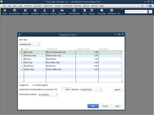 QuickBooks 2014 Tételár-módosítási parancs