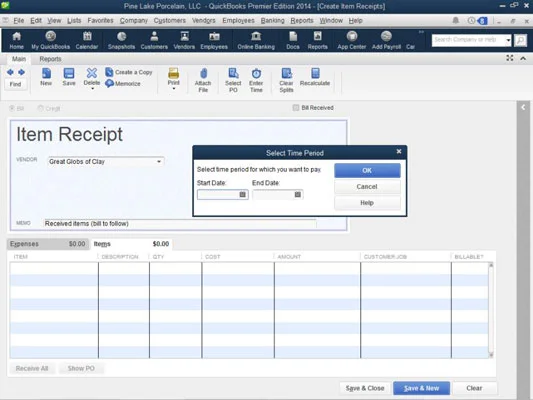 Parancsgombok a QuickBooks 2014 Tétel nyugták létrehozása ablakában