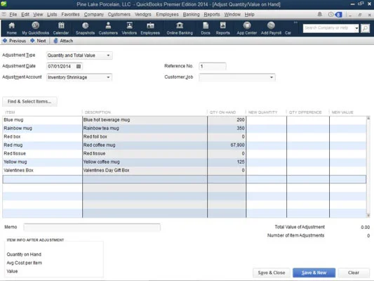 Prilagodite fizično število in vrednosti zalog v QuickBooks 2014