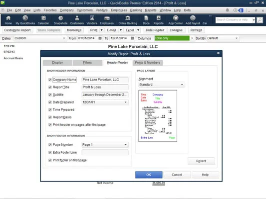 Használja a Fejléc/lábléc lapot a QuickBooks 2014 jelentések módosításához