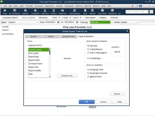 Használja a Fonts & Numbers lapot a QuickBooks 2014 jelentések módosításához