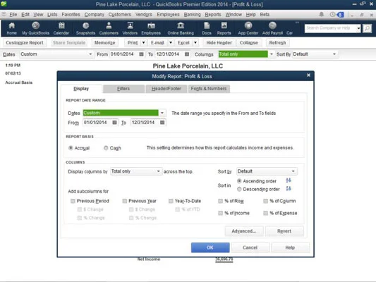Használja a Megjelenítés lapot a QuickBooks 2014 jelentések módosításához