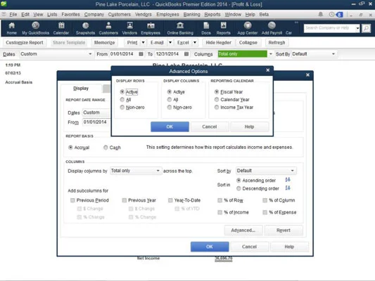 Használja a Megjelenítés lapot a QuickBooks 2014 jelentések módosításához