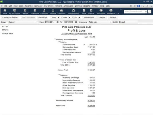 A QuickBooks 2014 jelentésablak dobozai