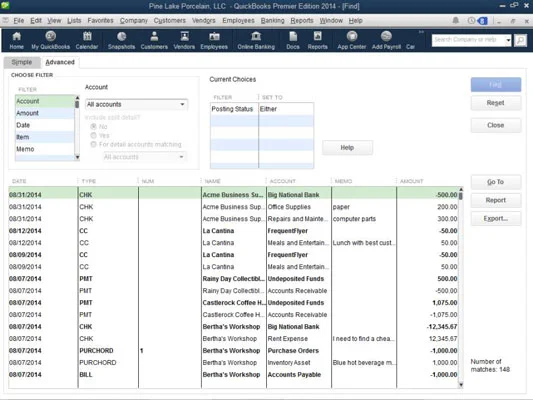 A QuickBooks Szerkesztés menü parancsai