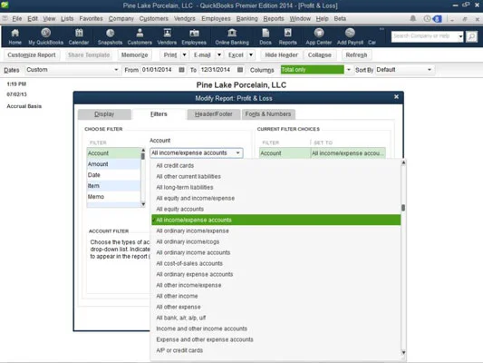 A QuickBooks 2014 jelentések módosításához használja a Szűrők lapot