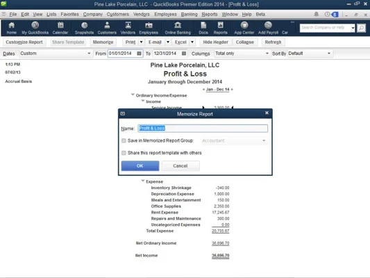 QuickBooks 2014 jelentésablak gombjai