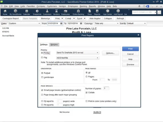 QuickBooks 2014 jelentésablak gombjai