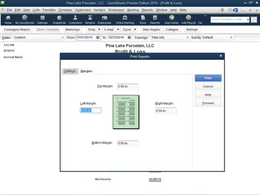 QuickBooks 2014 jelentésablak gombjai