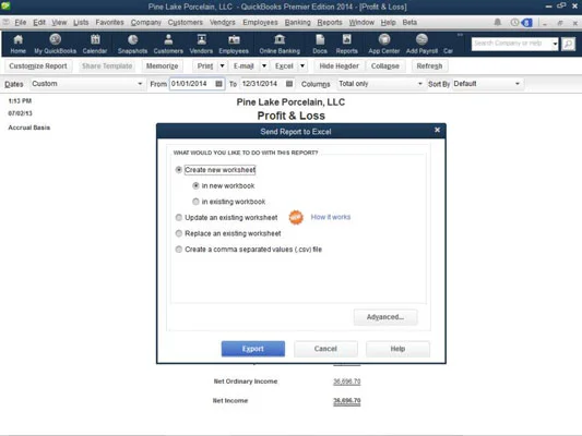 QuickBooks 2014 jelentésablak gombjai