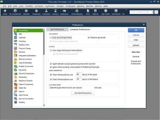 A QuickBooks 2014 könyvelési beállításainak megadása