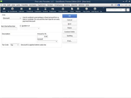 Как да добавите артикул с отстъпка към списъка с артикули в QuickBooks 2014