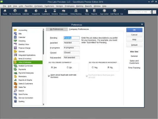 Az állások és becslések működésének szabályozása a QuickBooks 2014 segítségével