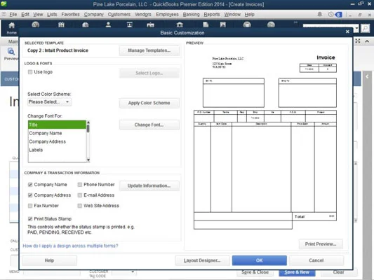 Основни персонализации на фактури в QuickBooks 2014