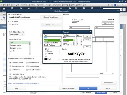 Основни персонализации на фактури в QuickBooks 2014