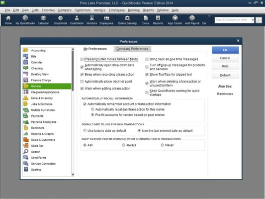 A QuickBooks 2014 általános preferenciáinak beállítása