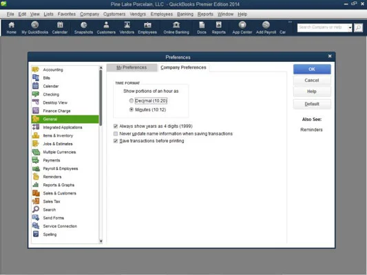 A QuickBooks 2014 általános preferenciáinak beállítása